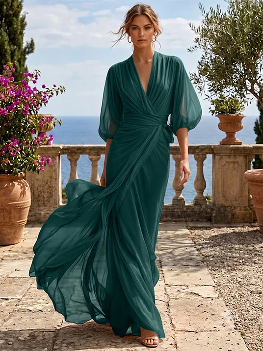 A-Line/Princess Chiffon V-Neck Evening Dresses Floor-Length 3/4 Sleeves Ruched Party Dresses - Image 4