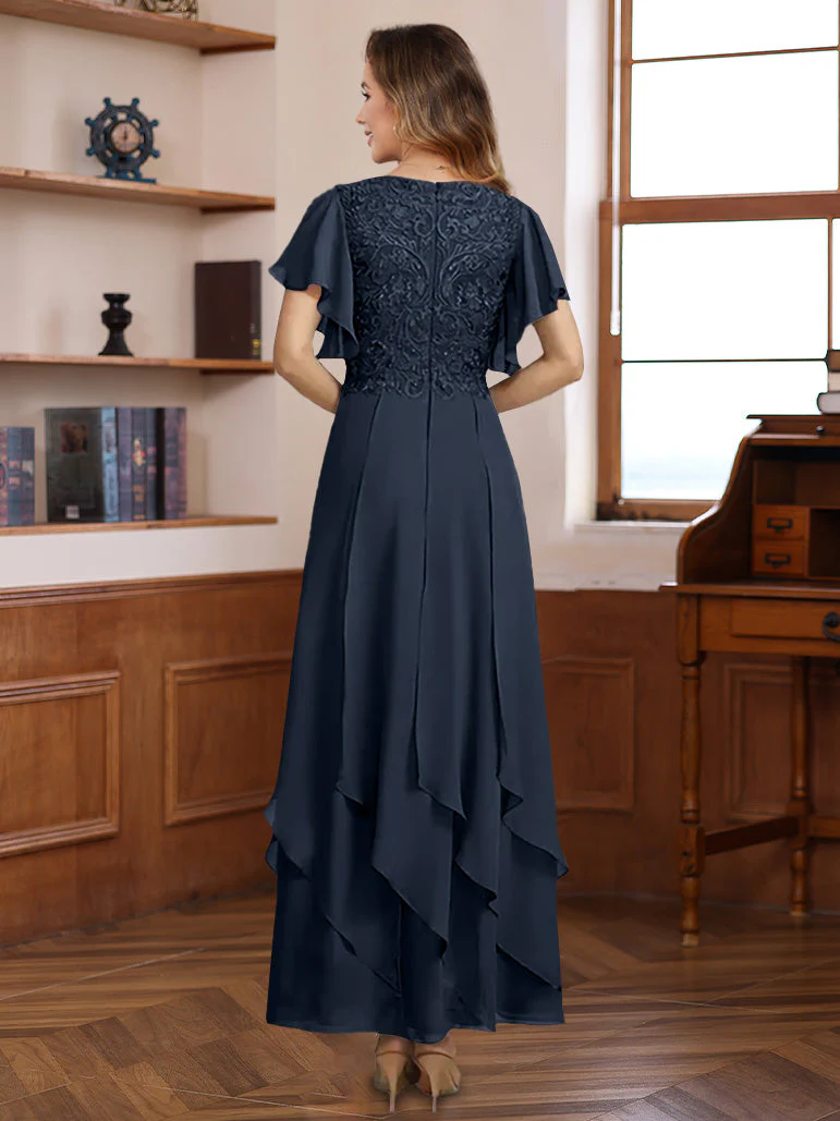 A-Line/Princess Chiffon V-Neck Mother of the Bride Dresses Lace Ankle-Length Short Sleeves Ruffles - Image 2