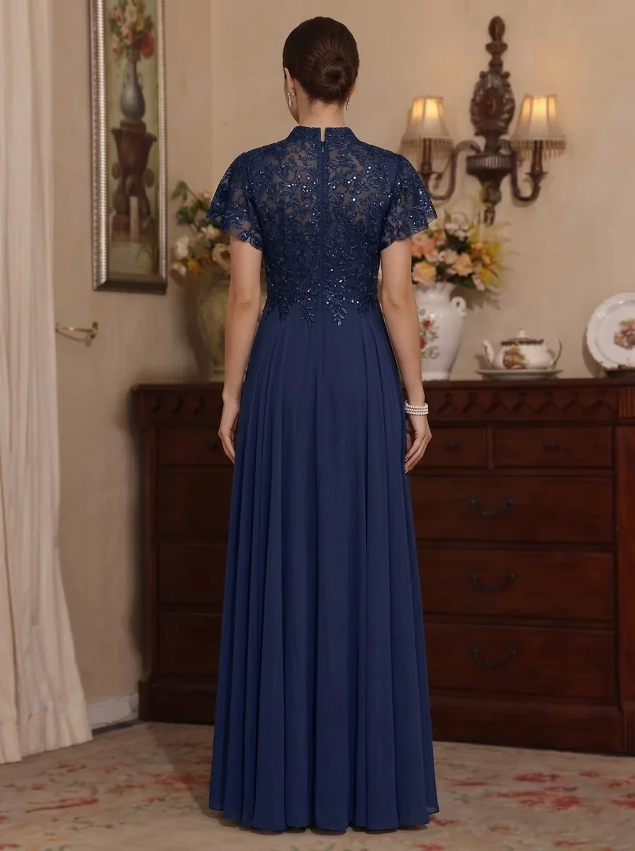 A-Line/Princess Chiffon V-Neck Mother of the Bride Dresses Lace Sequins Floor-Length Short Sleeves - Image 2