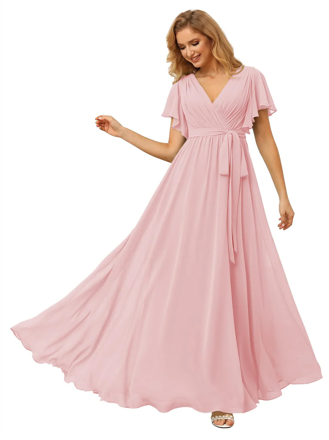 A Line/Princess Chiffon V-Neck Short Sleeves Ankle-Length Bridesmaid Dresses - Image 11
