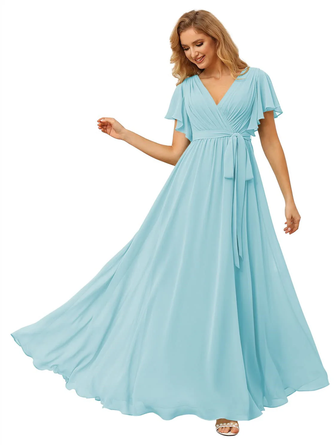 A Line/Princess Chiffon V-Neck Short Sleeves Ankle-Length Bridesmaid Dresses - Image 12