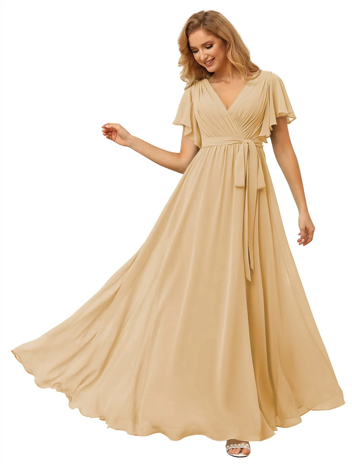 A Line/Princess Chiffon V-Neck Short Sleeves Ankle-Length Bridesmaid Dresses - Image 13