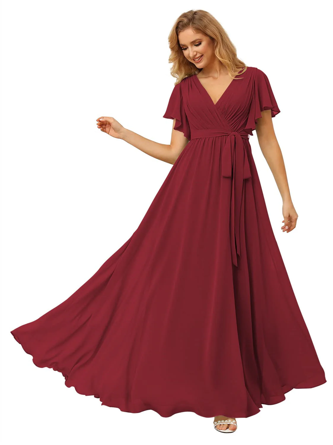 A Line/Princess Chiffon V-Neck Short Sleeves Ankle-Length Bridesmaid Dresses - Image 17