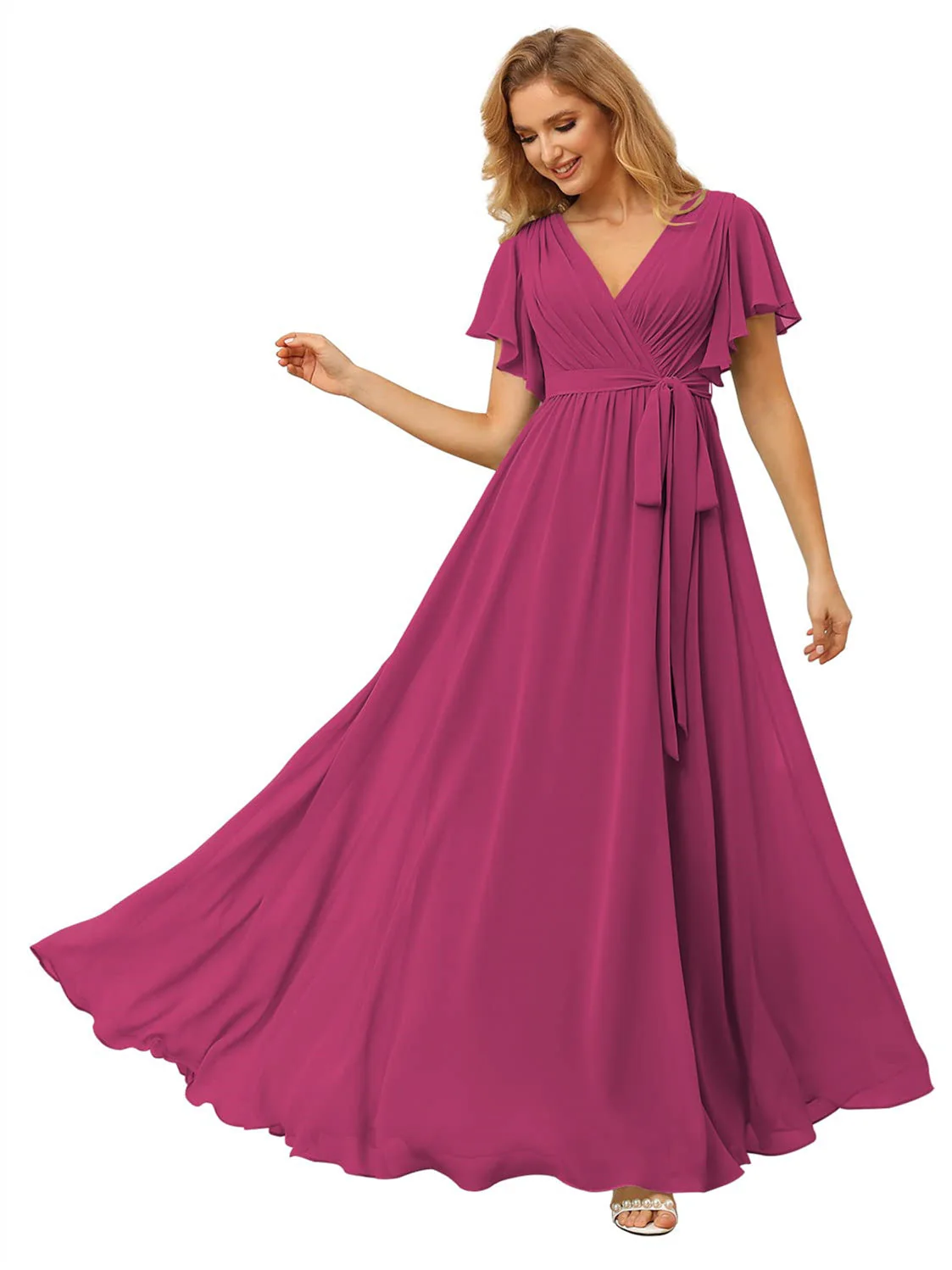 A Line/Princess Chiffon V-Neck Short Sleeves Ankle-Length Bridesmaid Dresses - Image 18