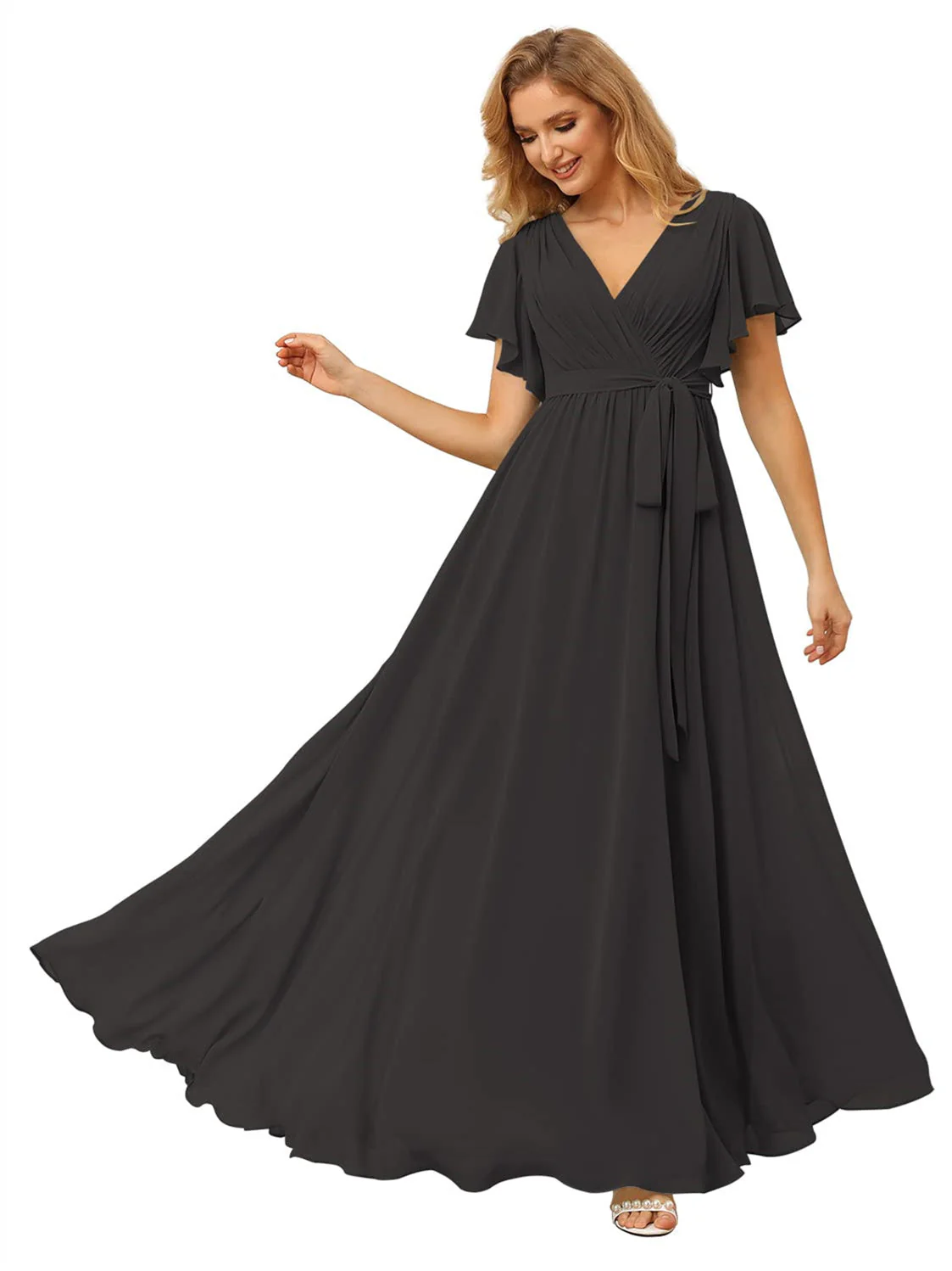 A Line/Princess Chiffon V-Neck Short Sleeves Ankle-Length Bridesmaid Dresses - Image 2