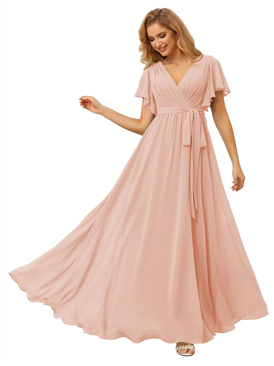 A Line/Princess Chiffon V-Neck Short Sleeves Ankle-Length Bridesmaid Dresses - Image 22