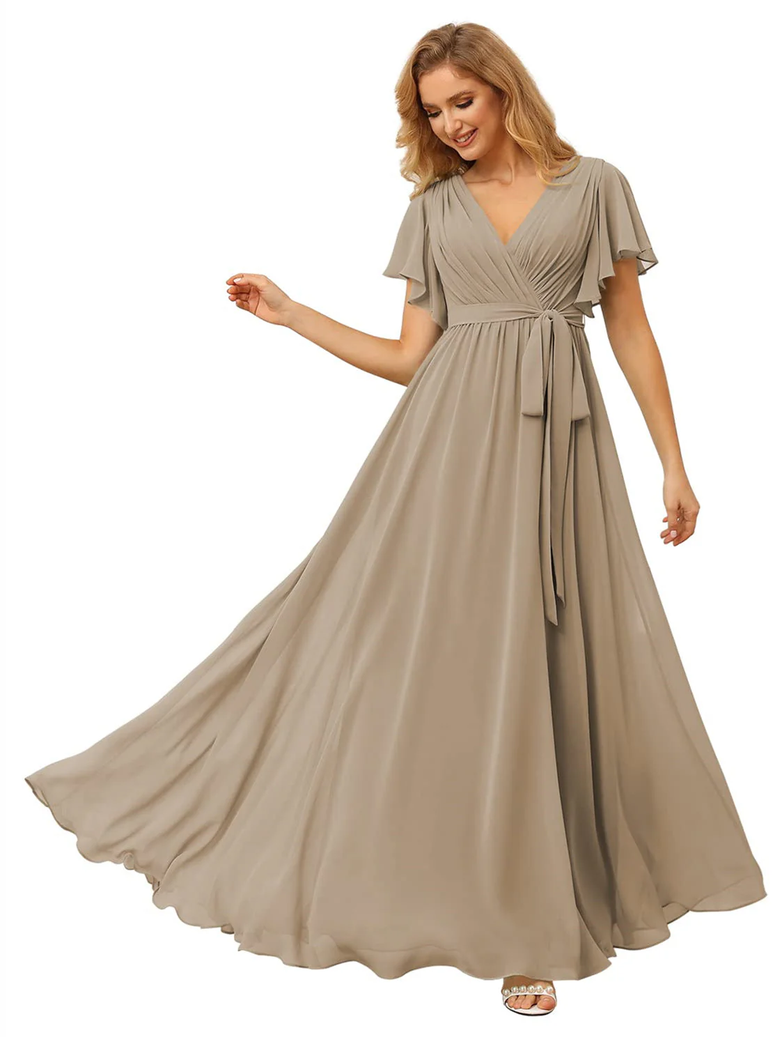 A Line/Princess Chiffon V-Neck Short Sleeves Ankle-Length Bridesmaid Dresses - Image 23