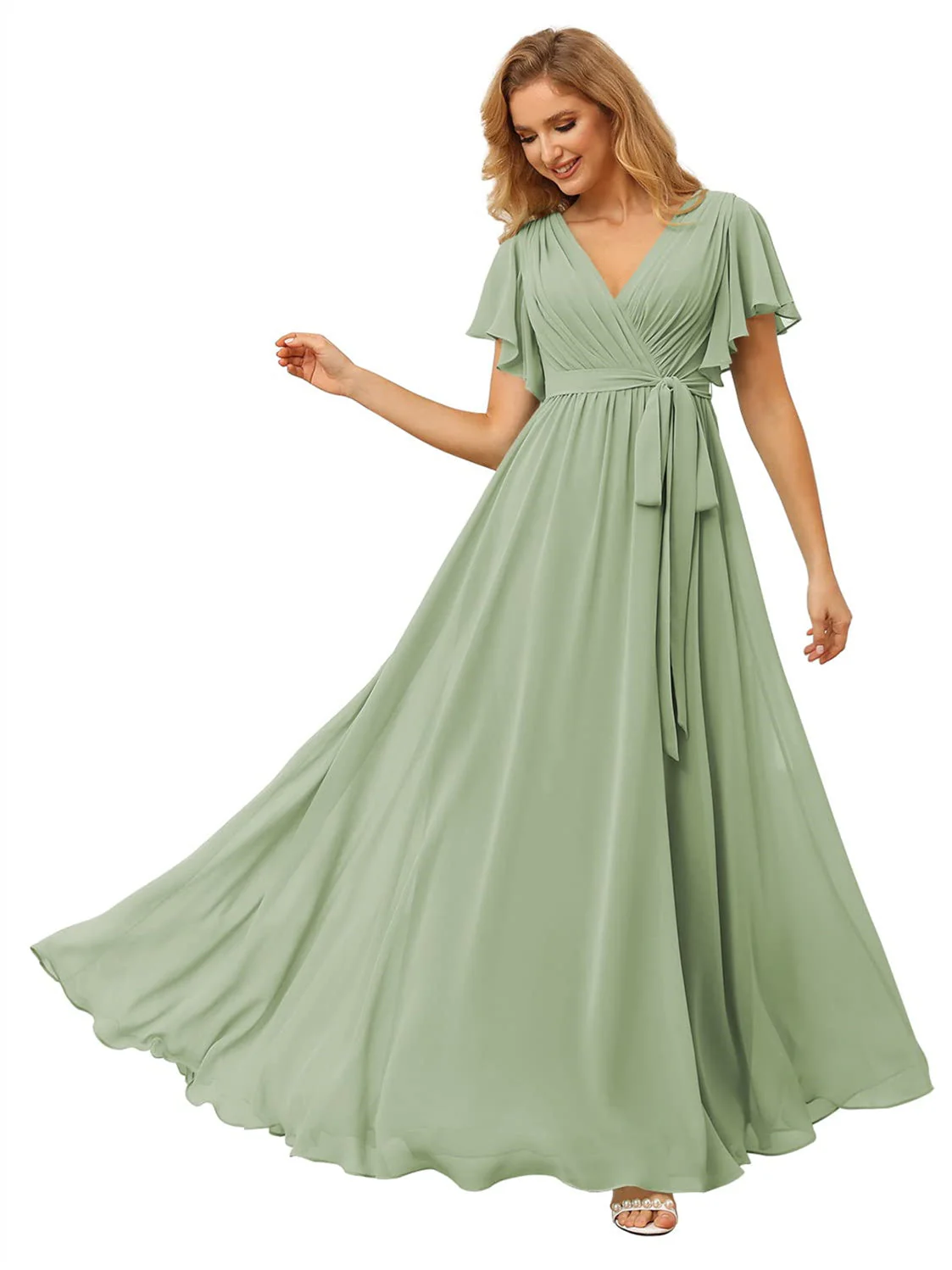 A Line/Princess Chiffon V-Neck Short Sleeves Ankle-Length Bridesmaid Dresses - Image 25