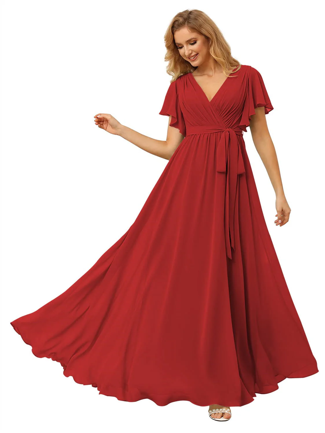 A Line/Princess Chiffon V-Neck Short Sleeves Ankle-Length Bridesmaid Dresses - Image 26