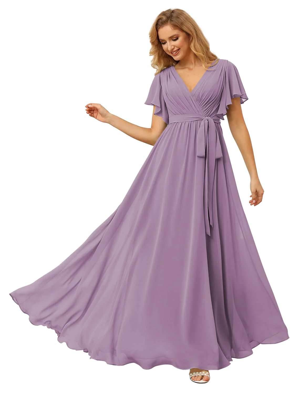 A Line/Princess Chiffon V-Neck Short Sleeves Ankle-Length Bridesmaid Dresses - Image 27
