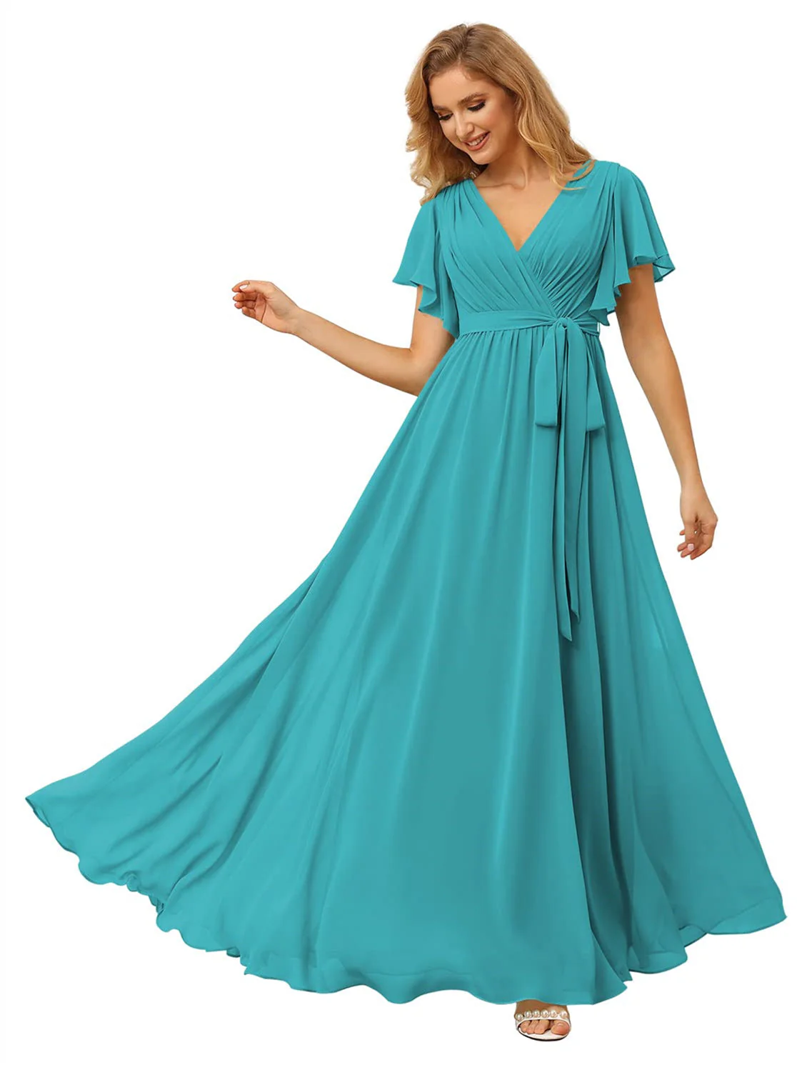 A Line/Princess Chiffon V-Neck Short Sleeves Ankle-Length Bridesmaid Dresses - Image 33