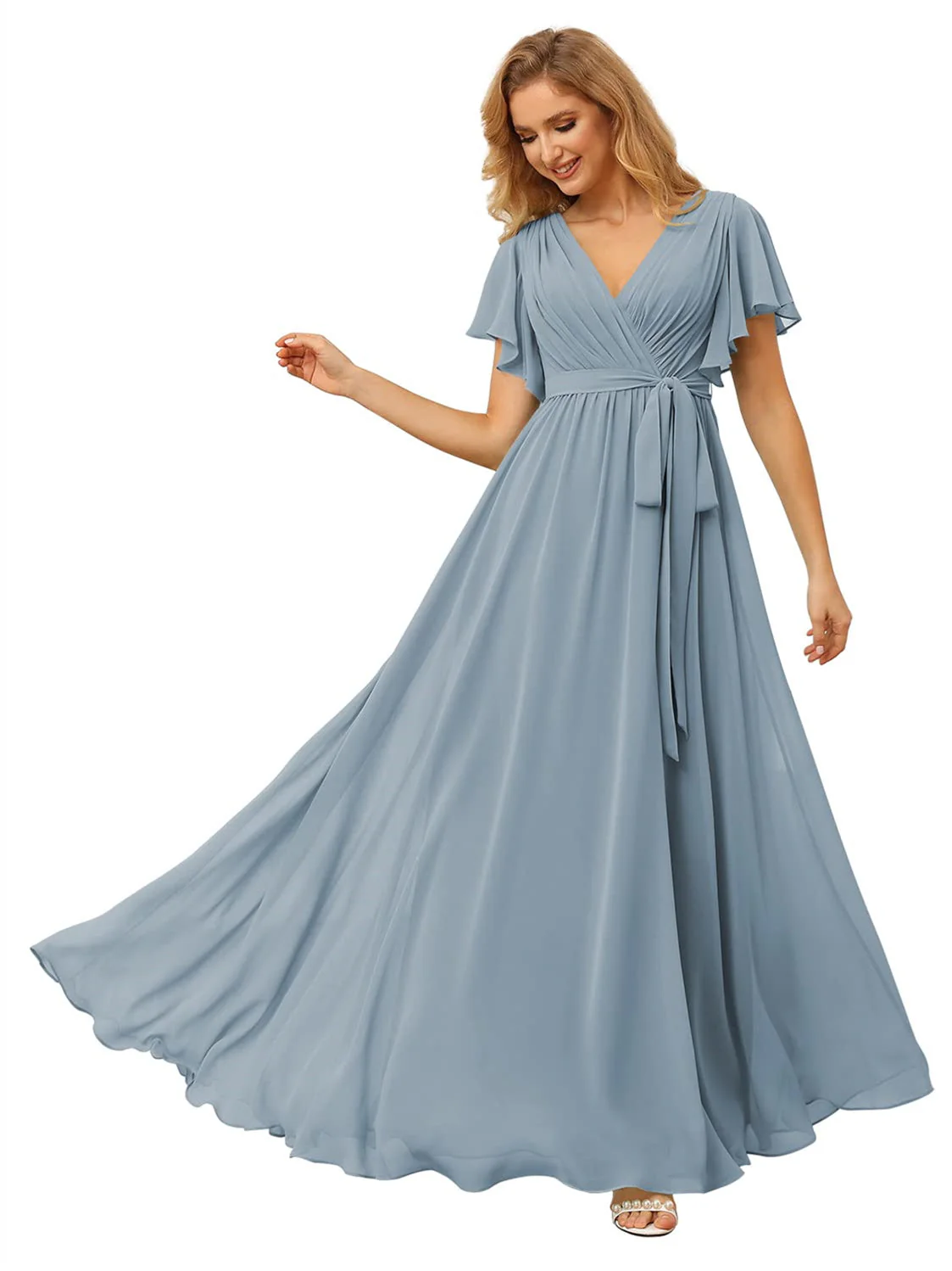 A Line/Princess Chiffon V-Neck Short Sleeves Ankle-Length Bridesmaid Dresses - Image 35