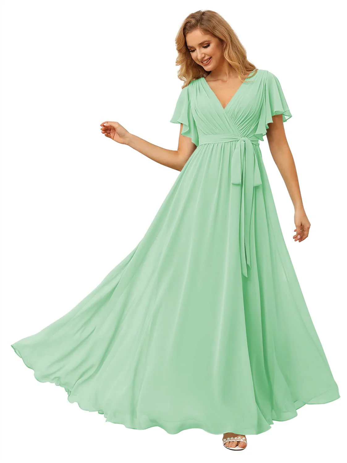 A Line/Princess Chiffon V-Neck Short Sleeves Ankle-Length Bridesmaid Dresses - Image 39