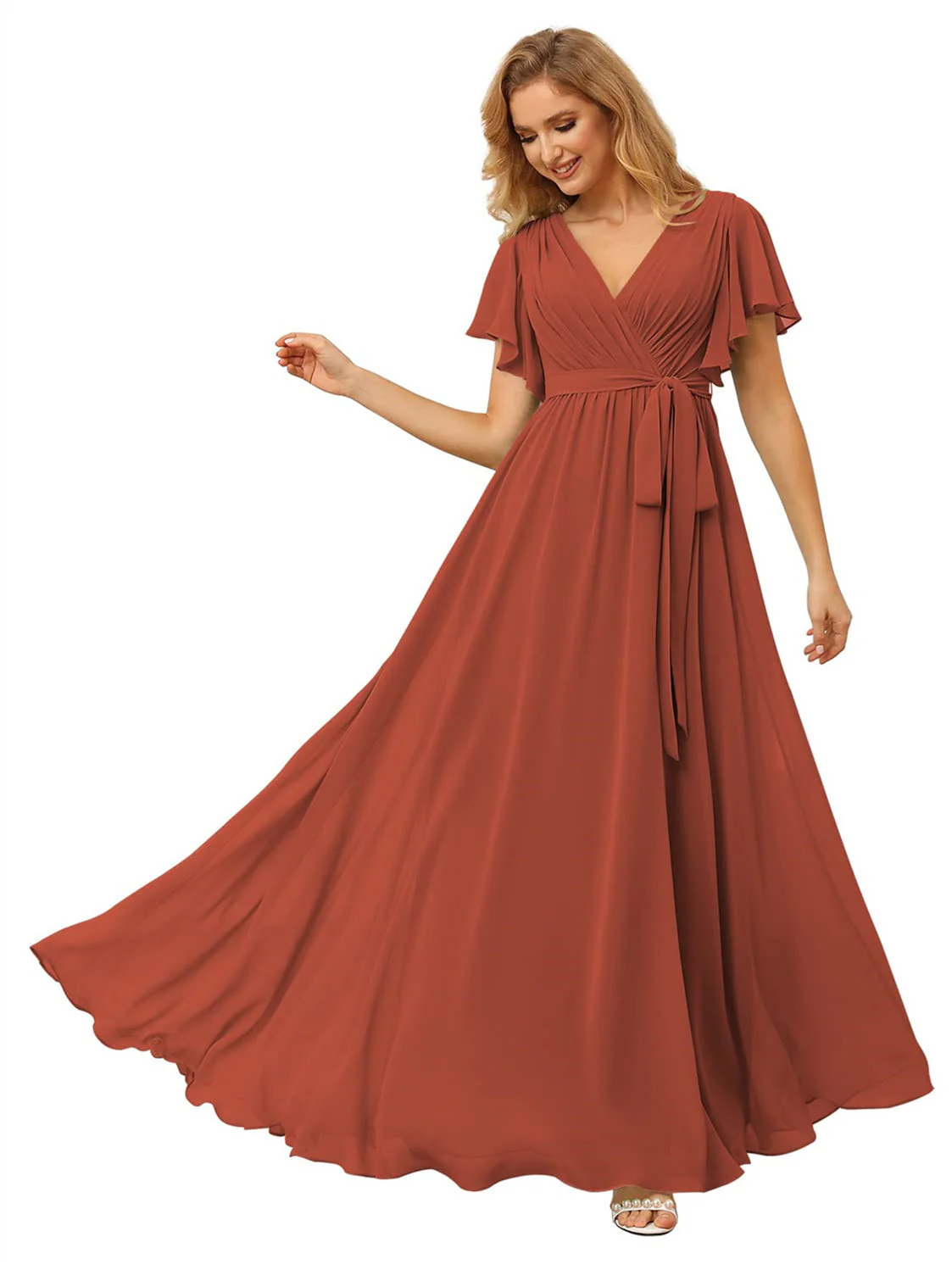 A Line/Princess Chiffon V-Neck Short Sleeves Ankle-Length Bridesmaid Dresses - Image 42