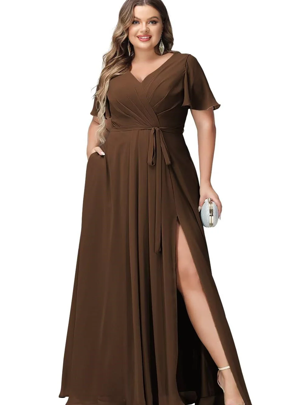 A Line/Princess Chiffon V-Neck Short Sleeves Floor-Length Bridesmaid Dresses - Image 11