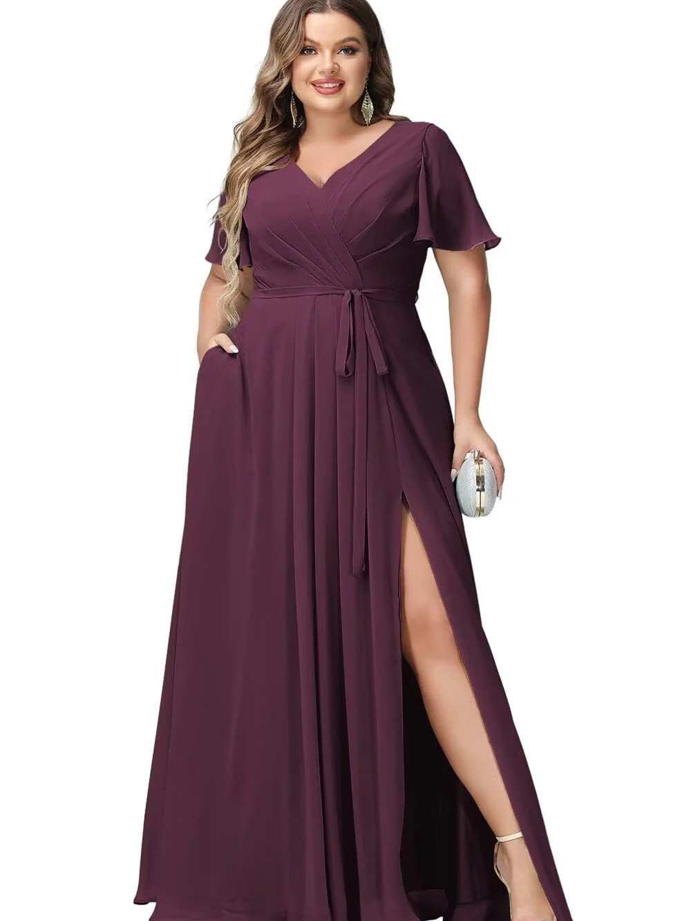 A Line/Princess Chiffon V-Neck Short Sleeves Floor-Length Bridesmaid Dresses - Image 21