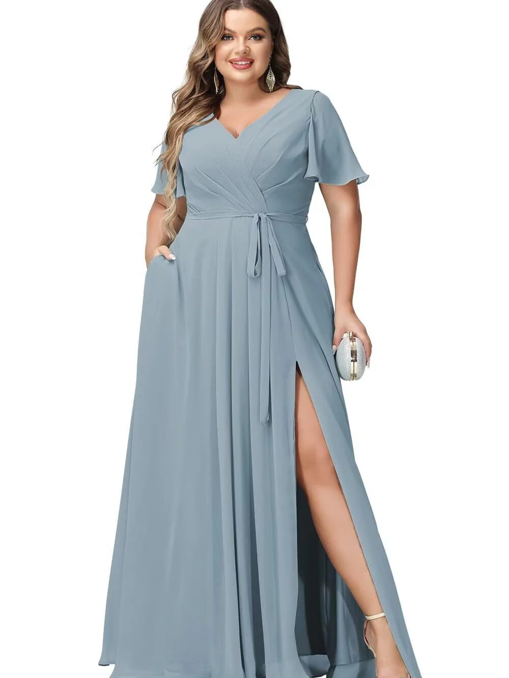 A Line/Princess Chiffon V-Neck Short Sleeves Floor-Length Bridesmaid Dresses - Image 29