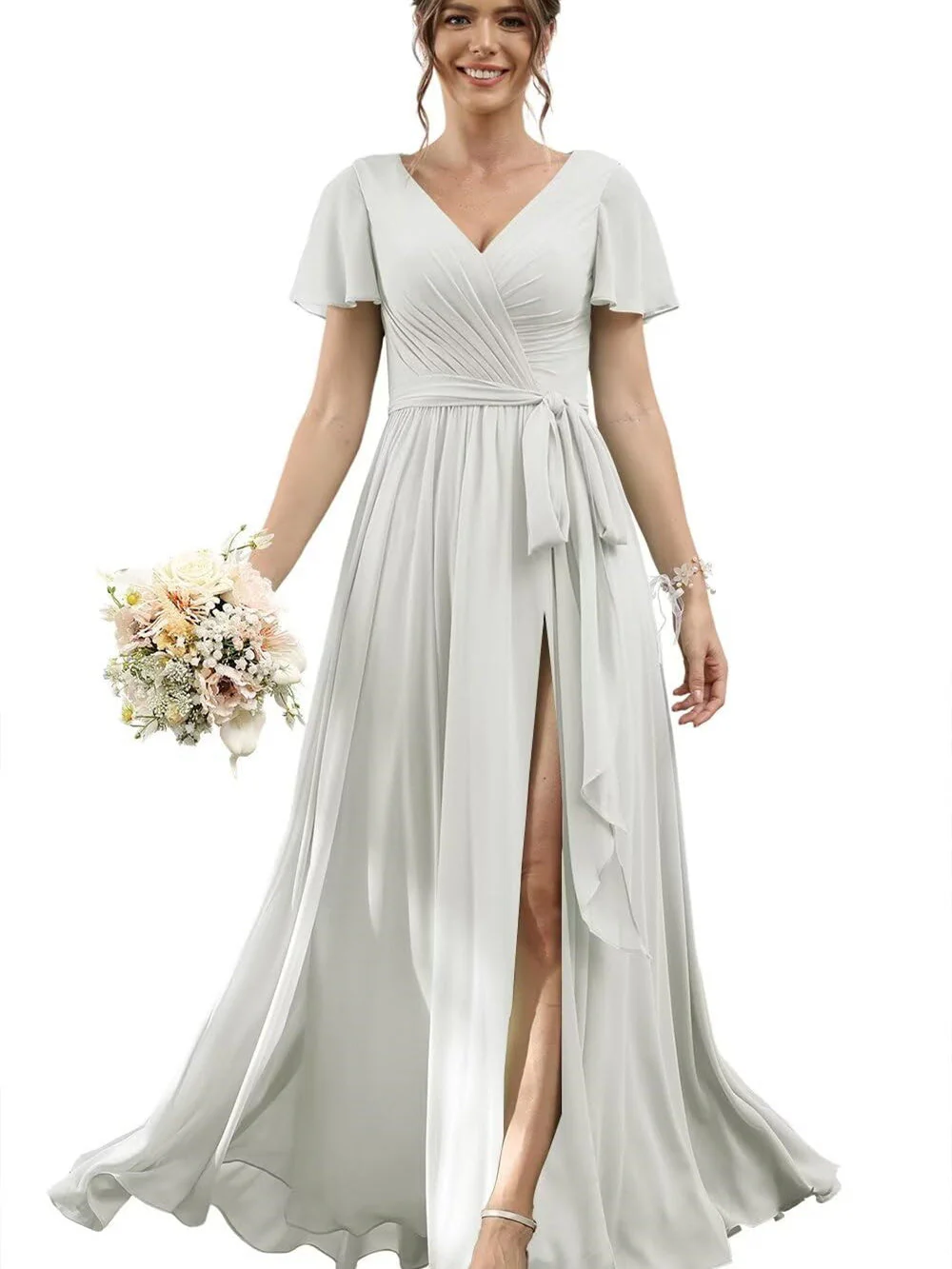 A Line/Princess Chiffon V-Neck Short Sleeves Floor-Length Bridesmaid Dresses - Image 36