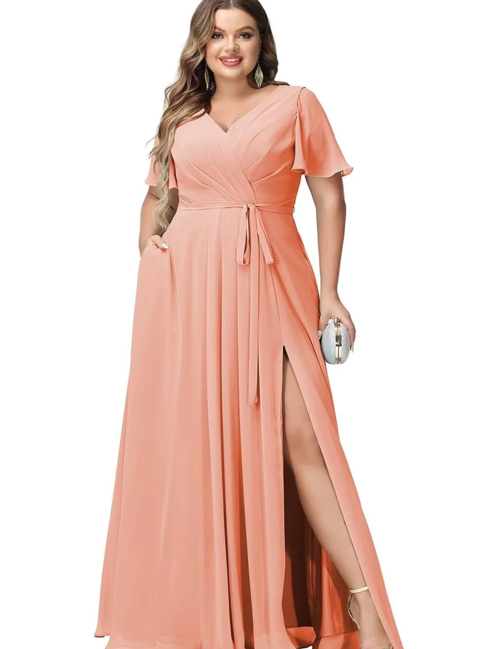 A Line/Princess Chiffon V-Neck Short Sleeves Floor-Length Bridesmaid Dresses - Image 37