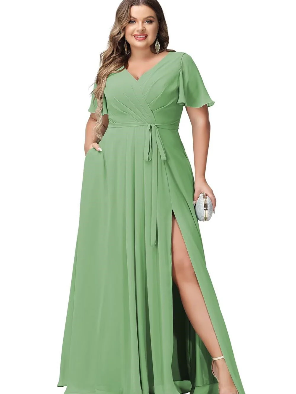 A Line/Princess Chiffon V-Neck Short Sleeves Floor-Length Bridesmaid Dresses - Image 38