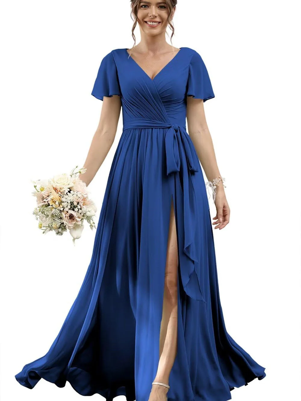A Line/Princess Chiffon V-Neck Short Sleeves Floor-Length Bridesmaid Dresses - Image 39