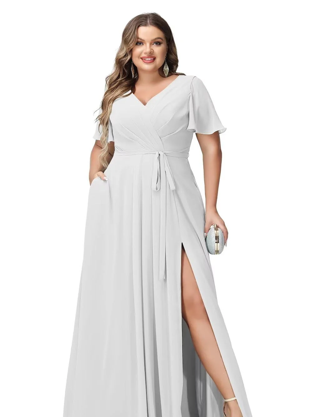 A Line/Princess Chiffon V-Neck Short Sleeves Floor-Length Bridesmaid Dresses - Image 4