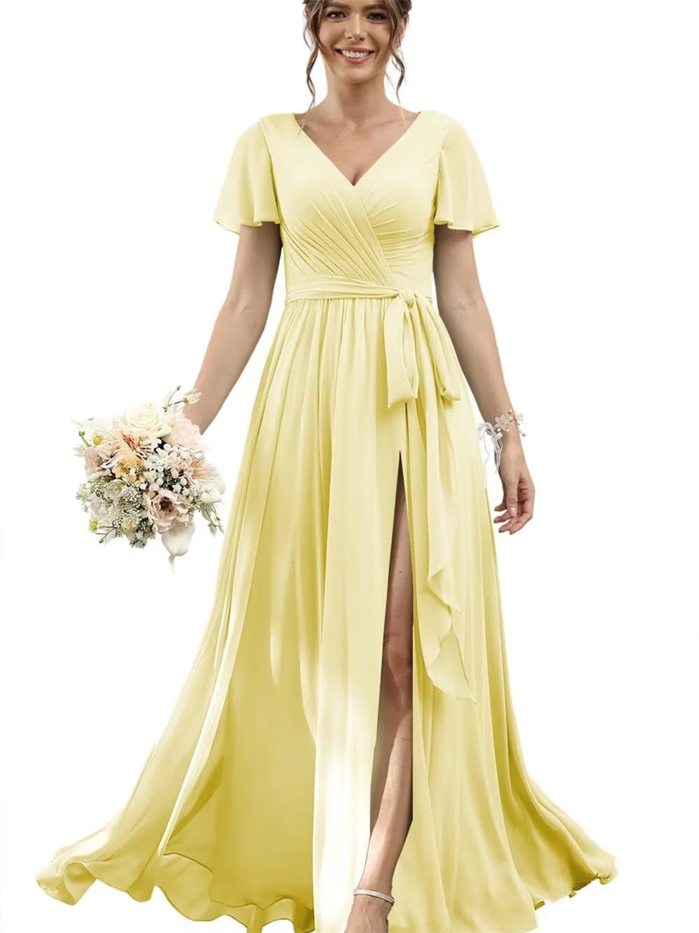 A Line/Princess Chiffon V-Neck Short Sleeves Floor-Length Bridesmaid Dresses - Image 41