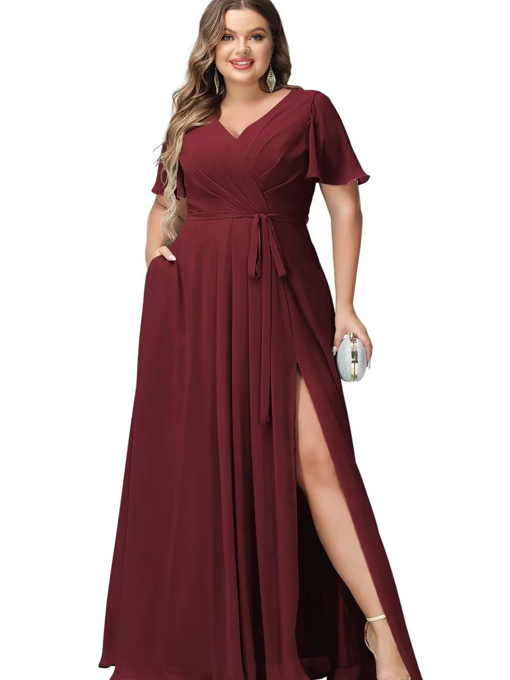 A Line/Princess Chiffon V-Neck Short Sleeves Floor-Length Bridesmaid Dresses - Image 6