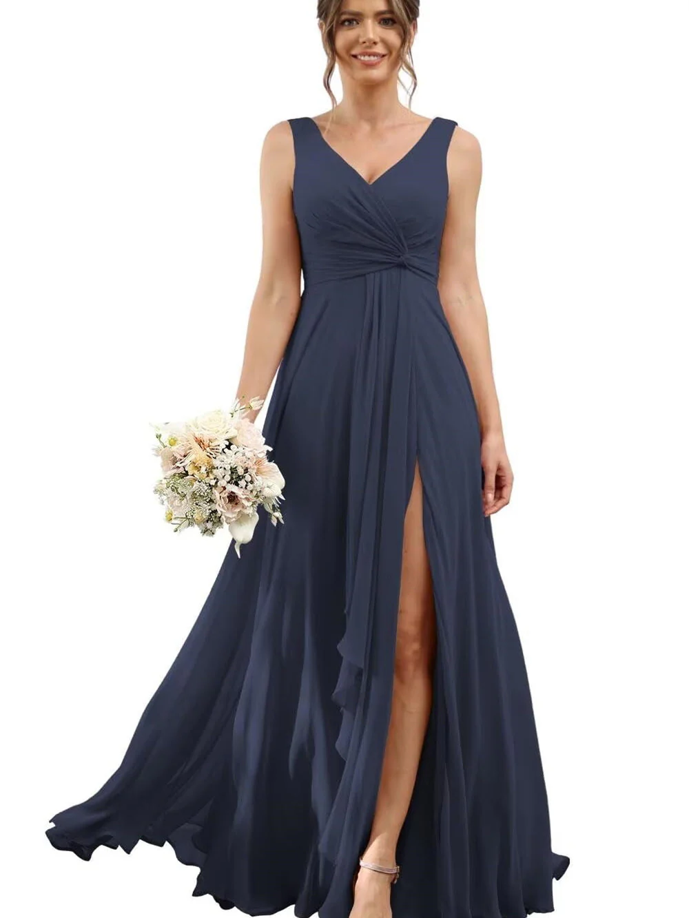 A Line/Princess Chiffon V-Neck Short Sleeves Floor-Length Bridesmaid Dresses - Image 20