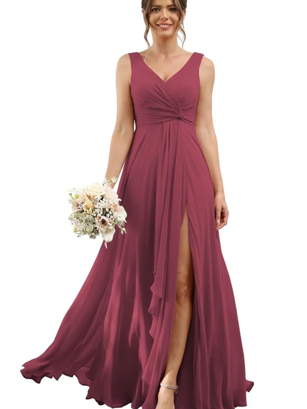 A Line/Princess Chiffon V-Neck Short Sleeves Floor-Length Bridesmaid Dresses - Image 21