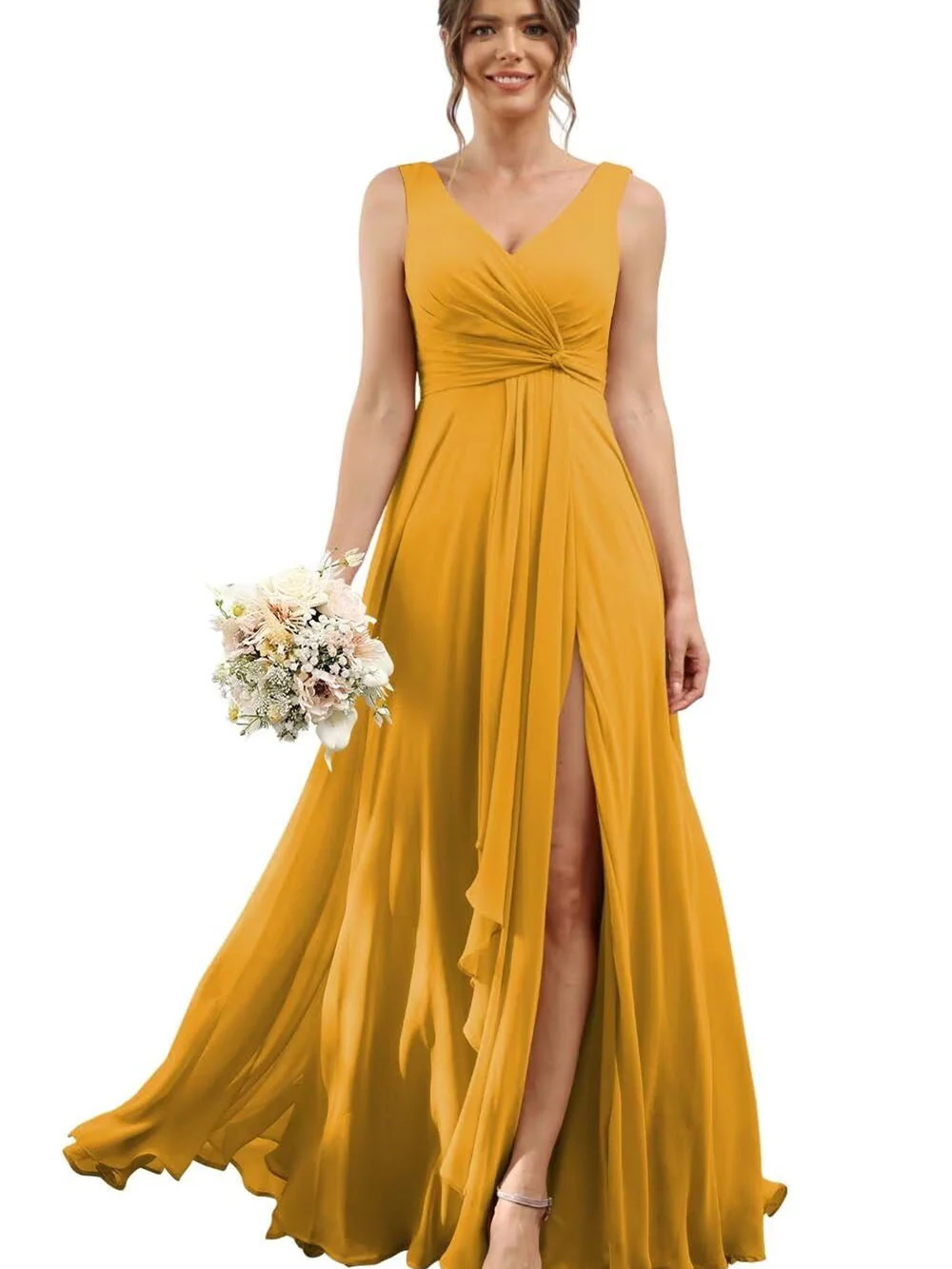 A Line/Princess Chiffon V-Neck Short Sleeves Floor-Length Bridesmaid Dresses - Image 24