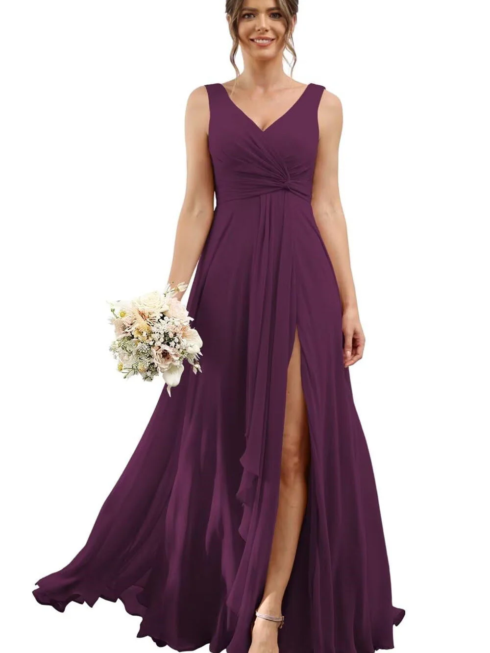 A Line/Princess Chiffon V-Neck Short Sleeves Floor-Length Bridesmaid Dresses - Image 29