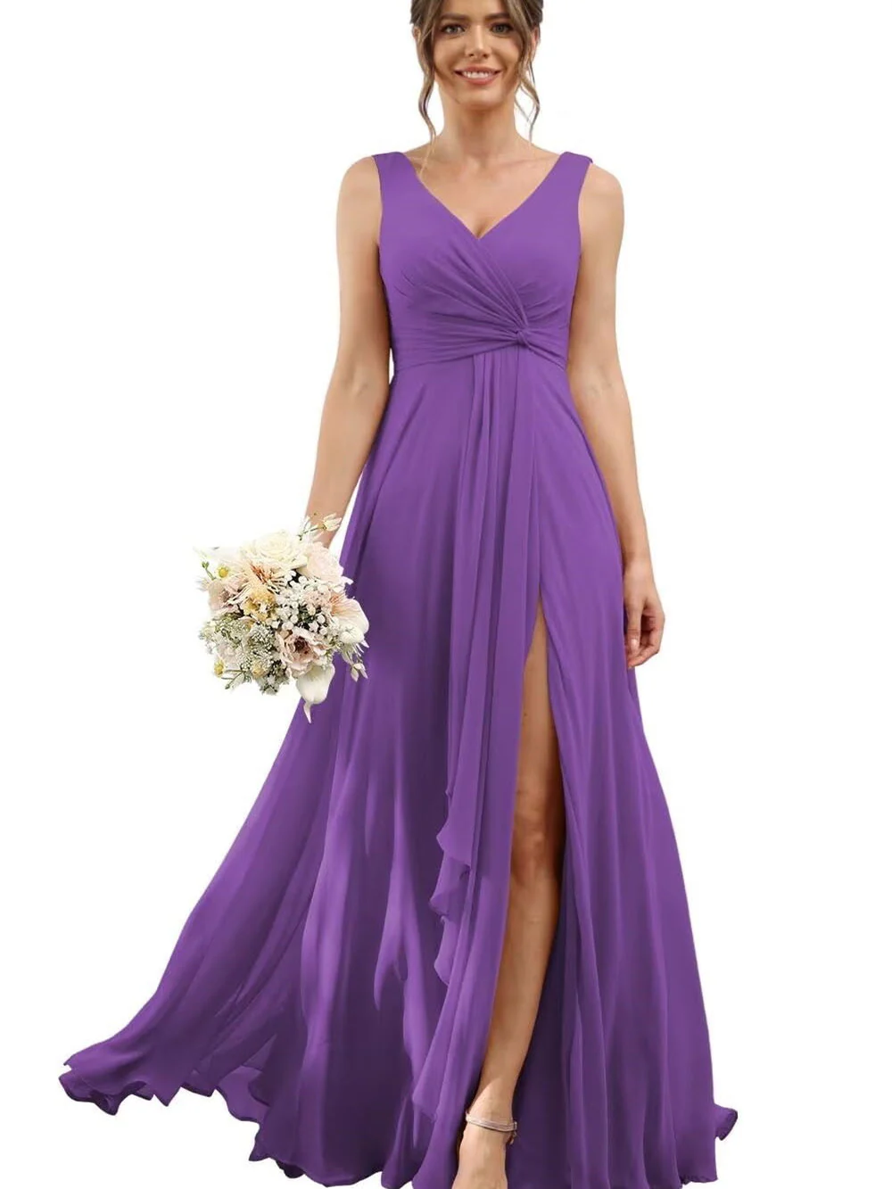A Line/Princess Chiffon V-Neck Short Sleeves Floor-Length Bridesmaid Dresses - Image 30