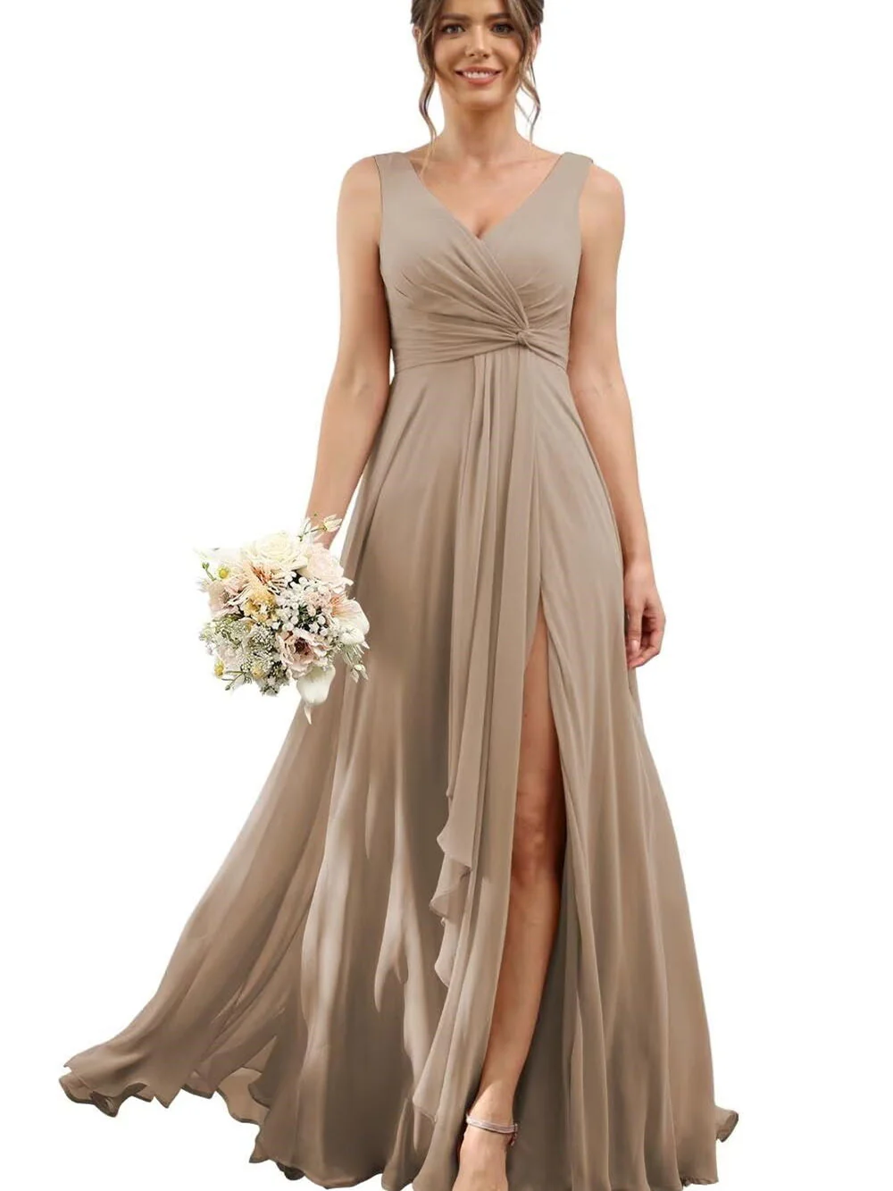 A Line/Princess Chiffon V-Neck Short Sleeves Floor-Length Bridesmaid Dresses - Image 34