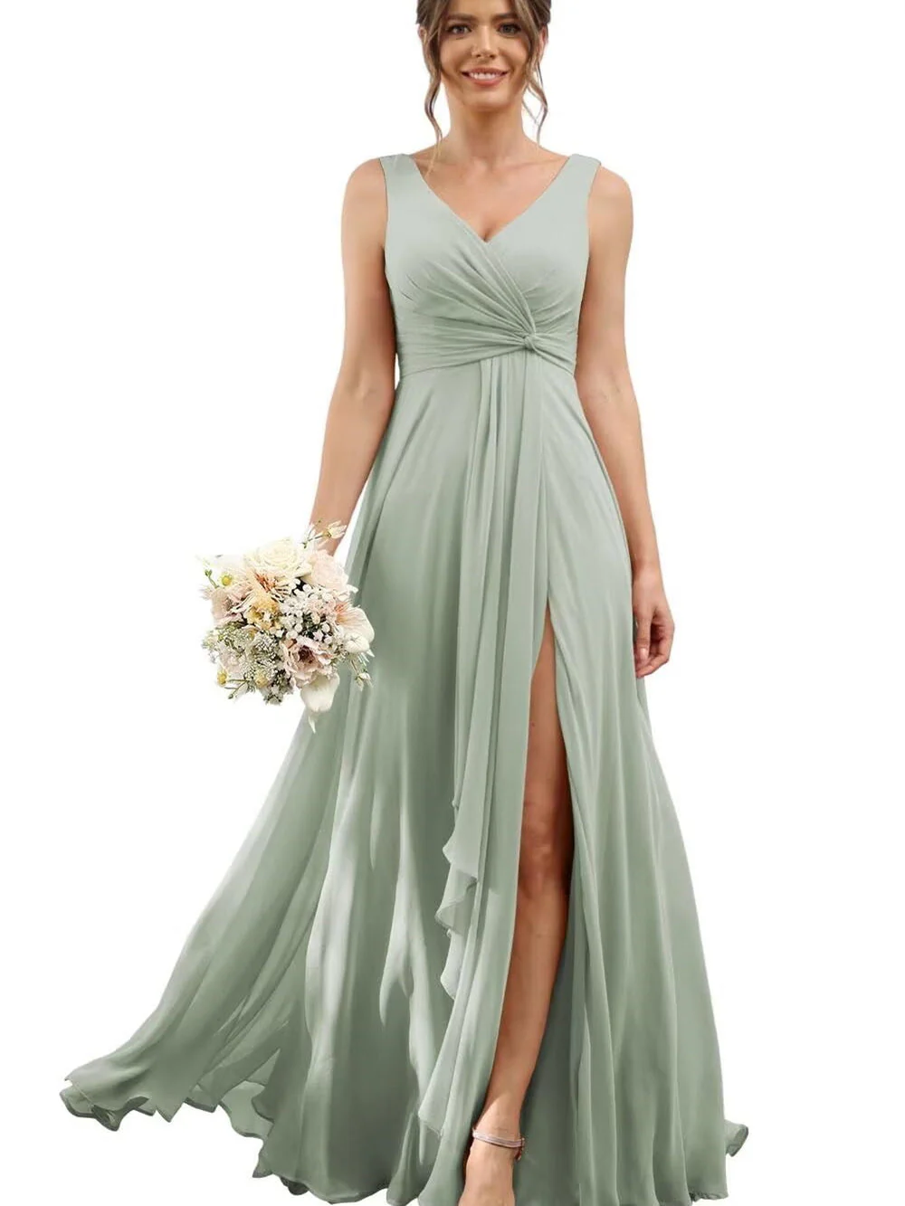 A Line/Princess Chiffon V-Neck Short Sleeves Floor-Length Bridesmaid Dresses - Image 35