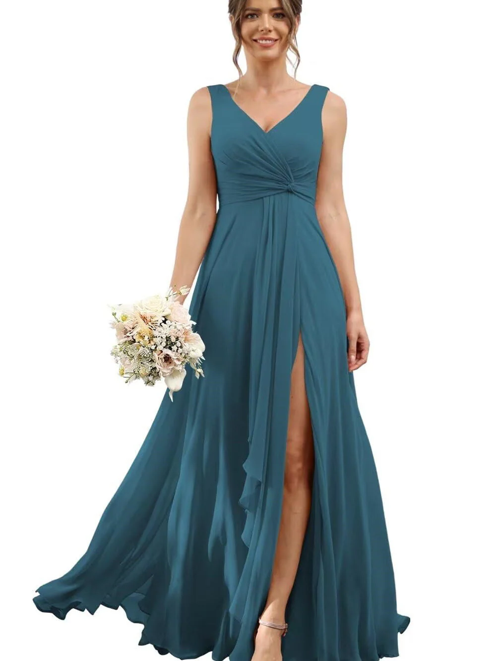 A Line/Princess Chiffon V-Neck Short Sleeves Floor-Length Bridesmaid Dresses - Image 36