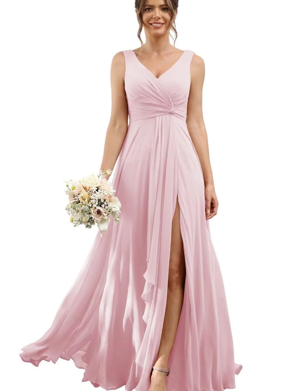 A Line/Princess Chiffon V-Neck Short Sleeves Floor-Length Bridesmaid Dresses - Image 37