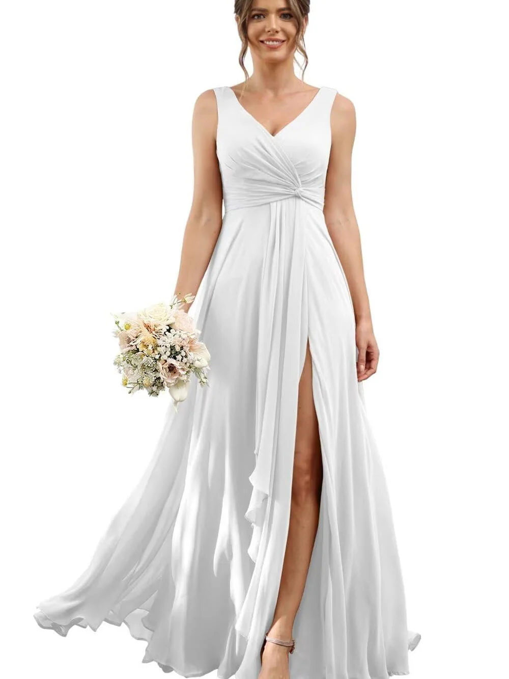A Line/Princess Chiffon V-Neck Short Sleeves Floor-Length Bridesmaid Dresses - Image 38