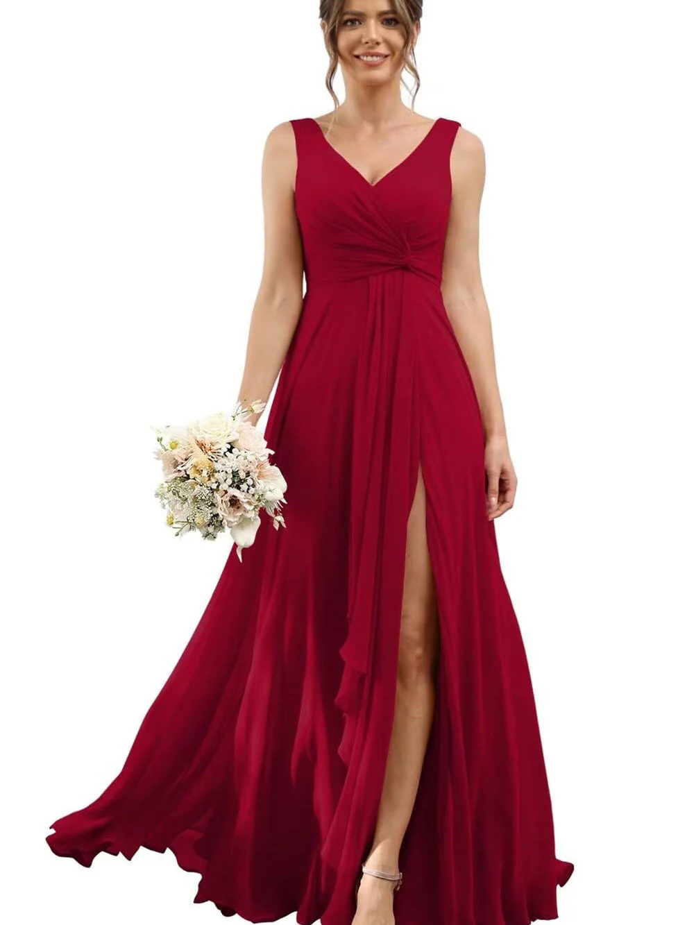 A Line/Princess Chiffon V-Neck Short Sleeves Floor-Length Bridesmaid Dresses - Image 39