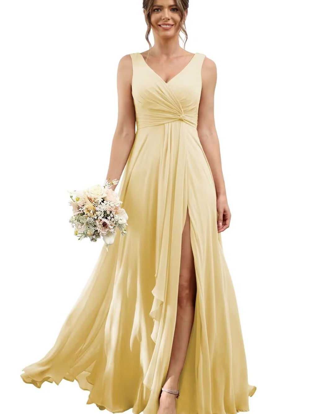 A Line/Princess Chiffon V-Neck Short Sleeves Floor-Length Bridesmaid Dresses - Image 40