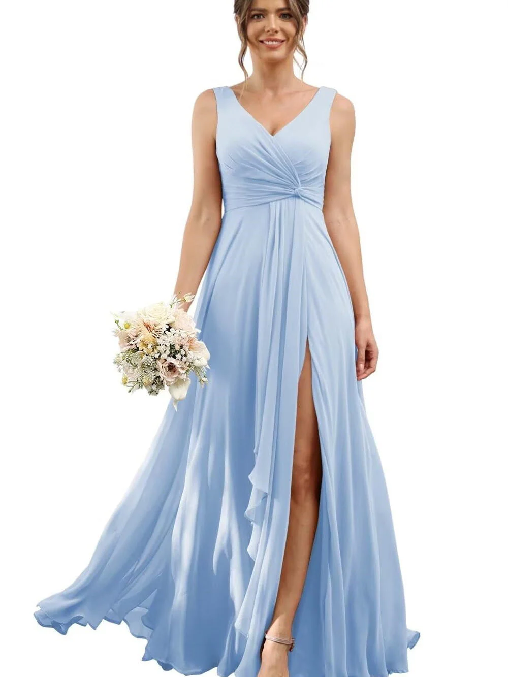 A Line/Princess Chiffon V-Neck Short Sleeves Floor-Length Bridesmaid Dresses - Image 42