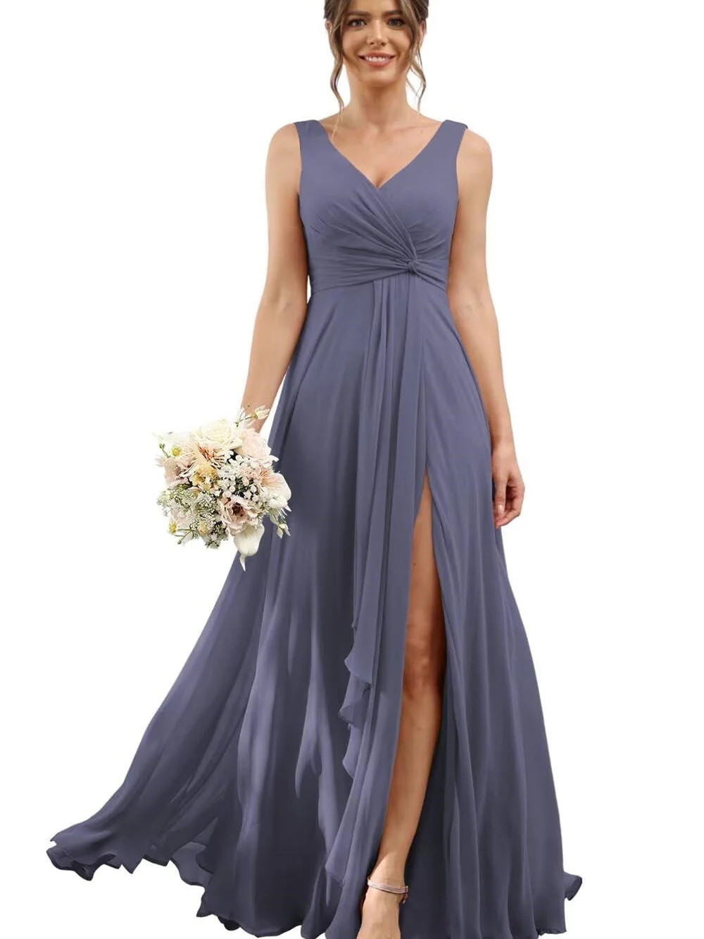A Line/Princess Chiffon V-Neck Short Sleeves Floor-Length Bridesmaid Dresses - Image 43
