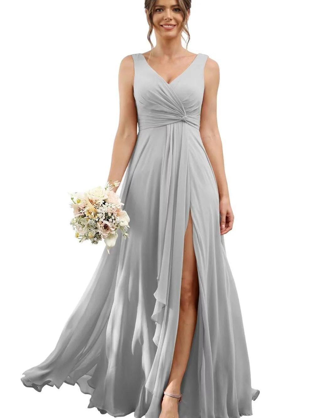A Line/Princess Chiffon V-Neck Short Sleeves Floor-Length Bridesmaid Dresses - Image 44