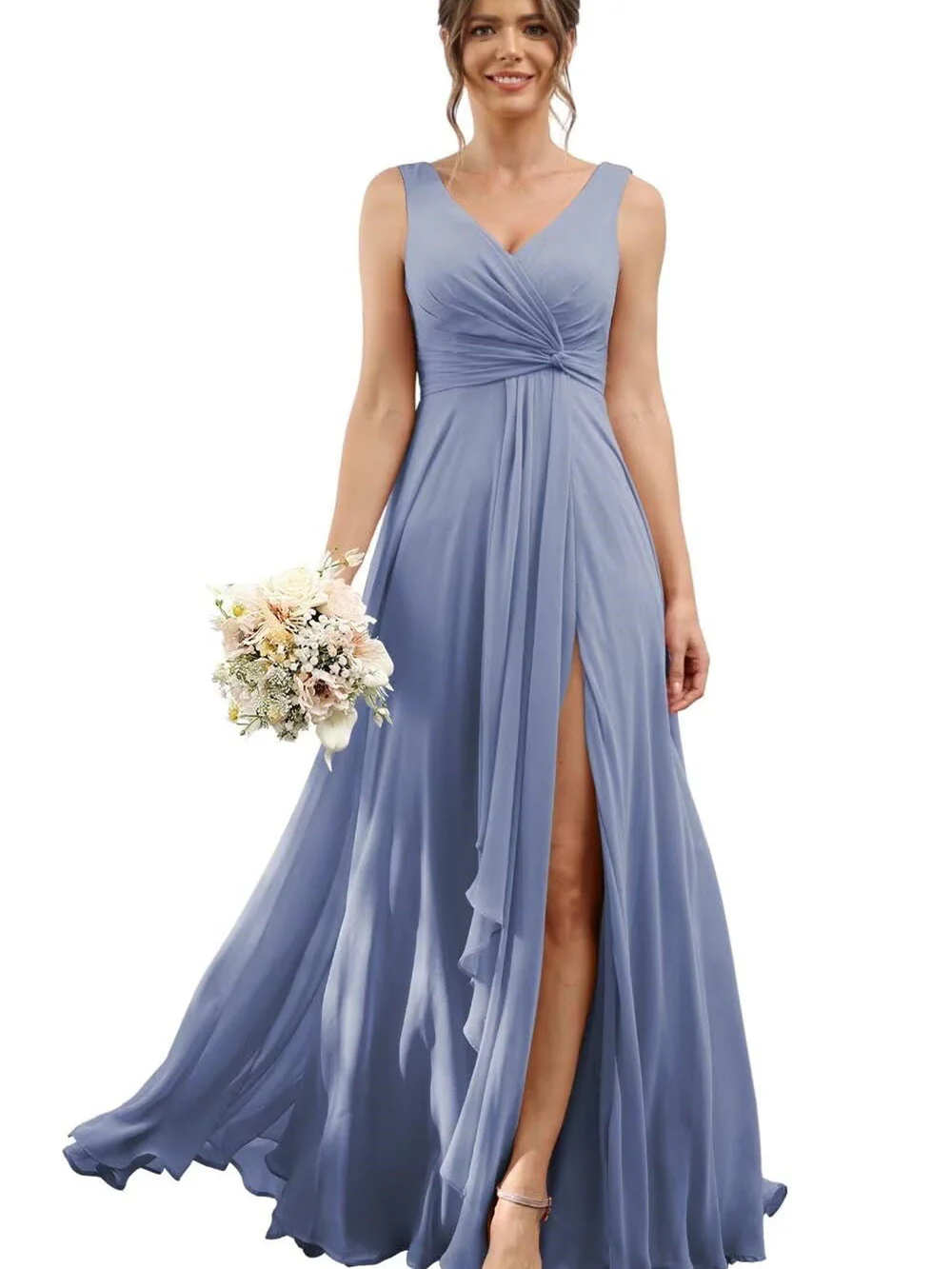 A Line/Princess Chiffon V-Neck Short Sleeves Floor-Length Bridesmaid Dresses - Image 45