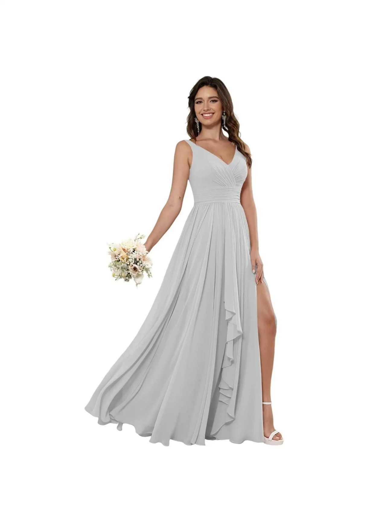 A Line/Princess Chiffon V Neck Sleeveless Floor-Length Bridesmaid Dresses - Image 24