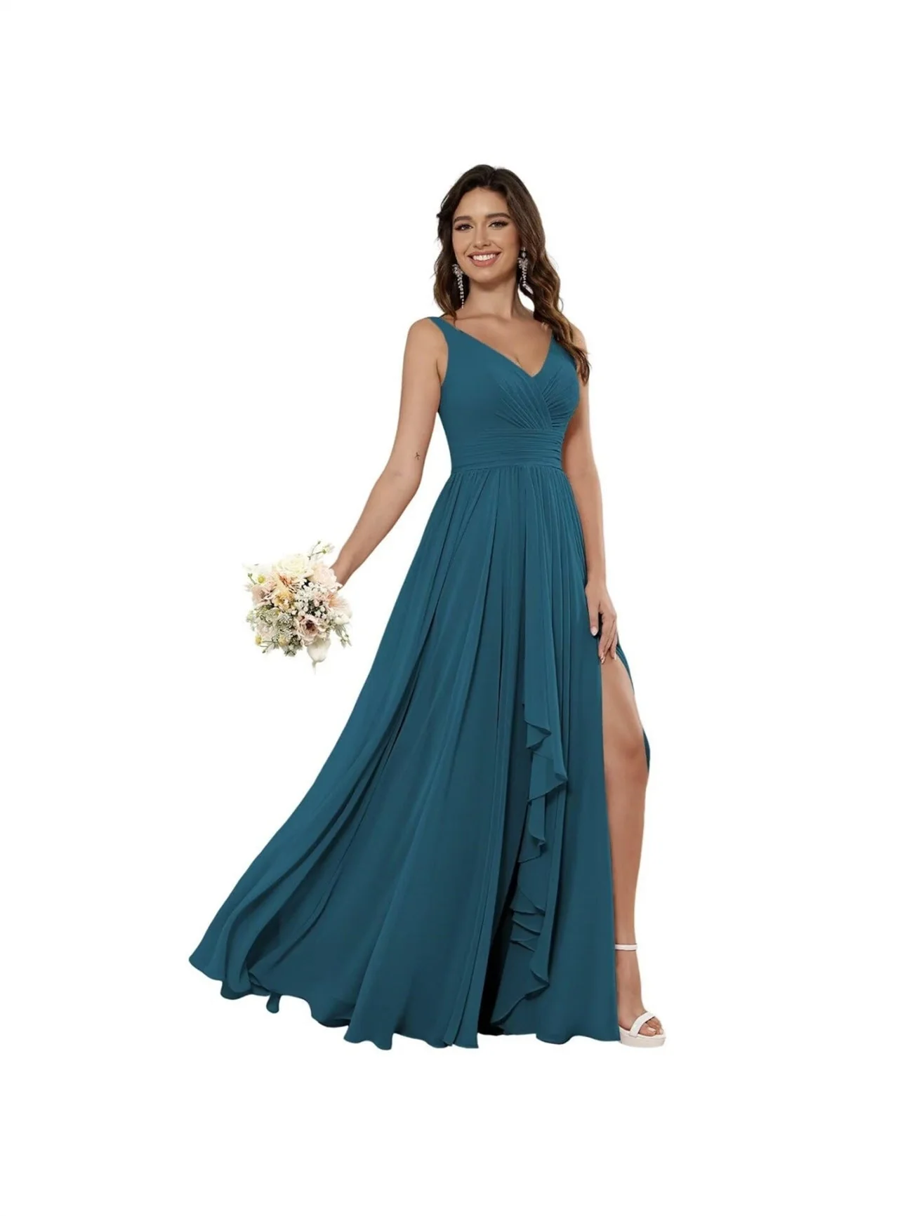 A Line/Princess Chiffon V Neck Sleeveless Floor-Length Bridesmaid Dresses - Image 27