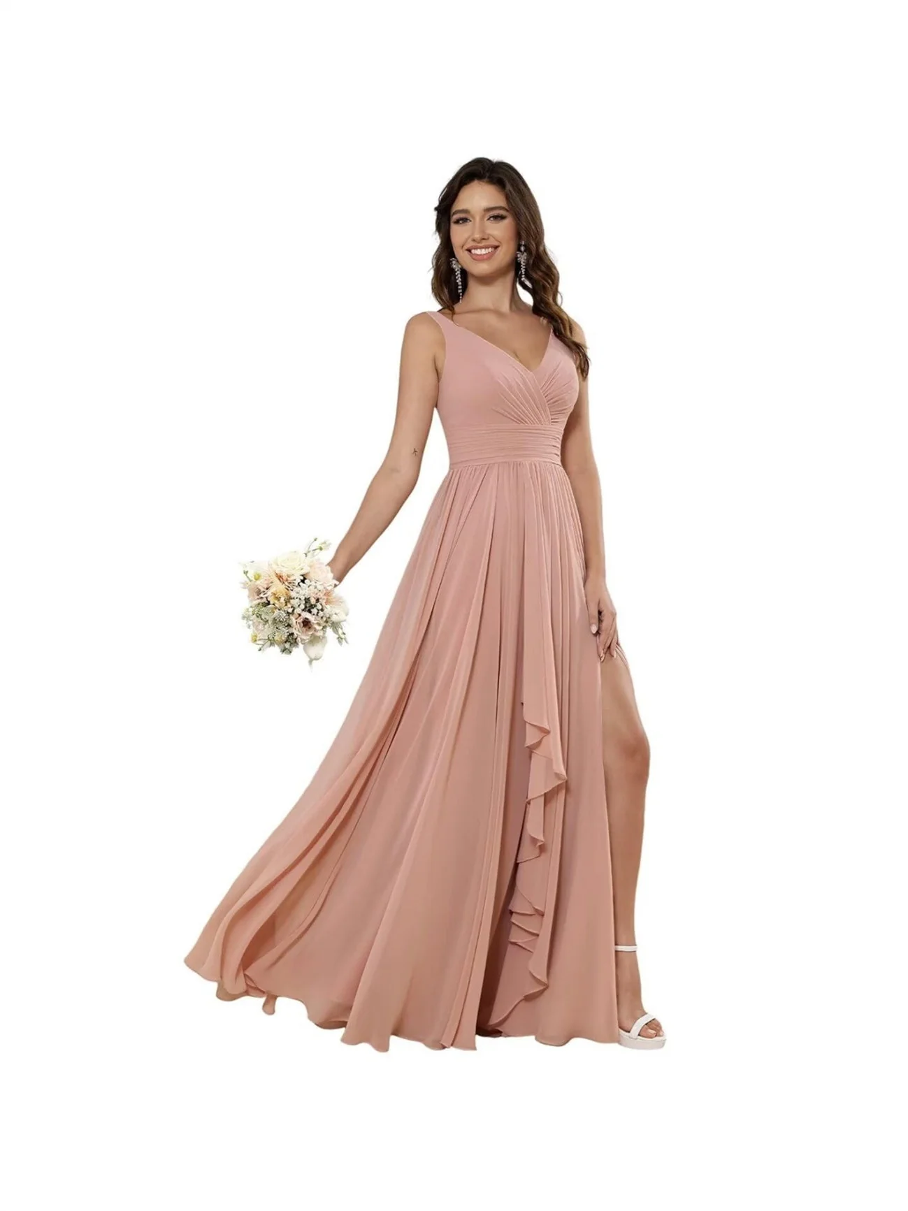 A Line/Princess Chiffon V Neck Sleeveless Floor-Length Bridesmaid Dresses - Image 5