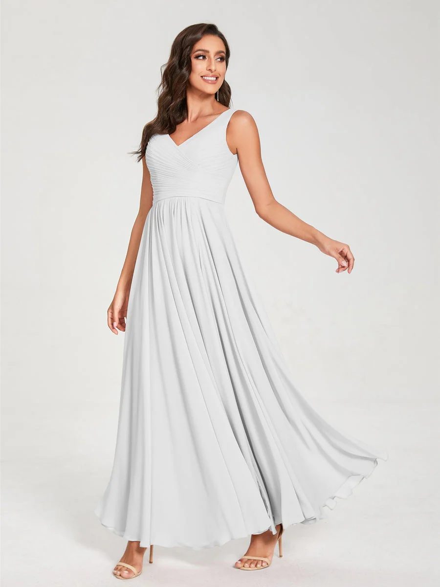 A-Line/Princess Chiffon V-Neck Sleeveless Floor-Length Bridemaid Dresses With Pleats - Image 21