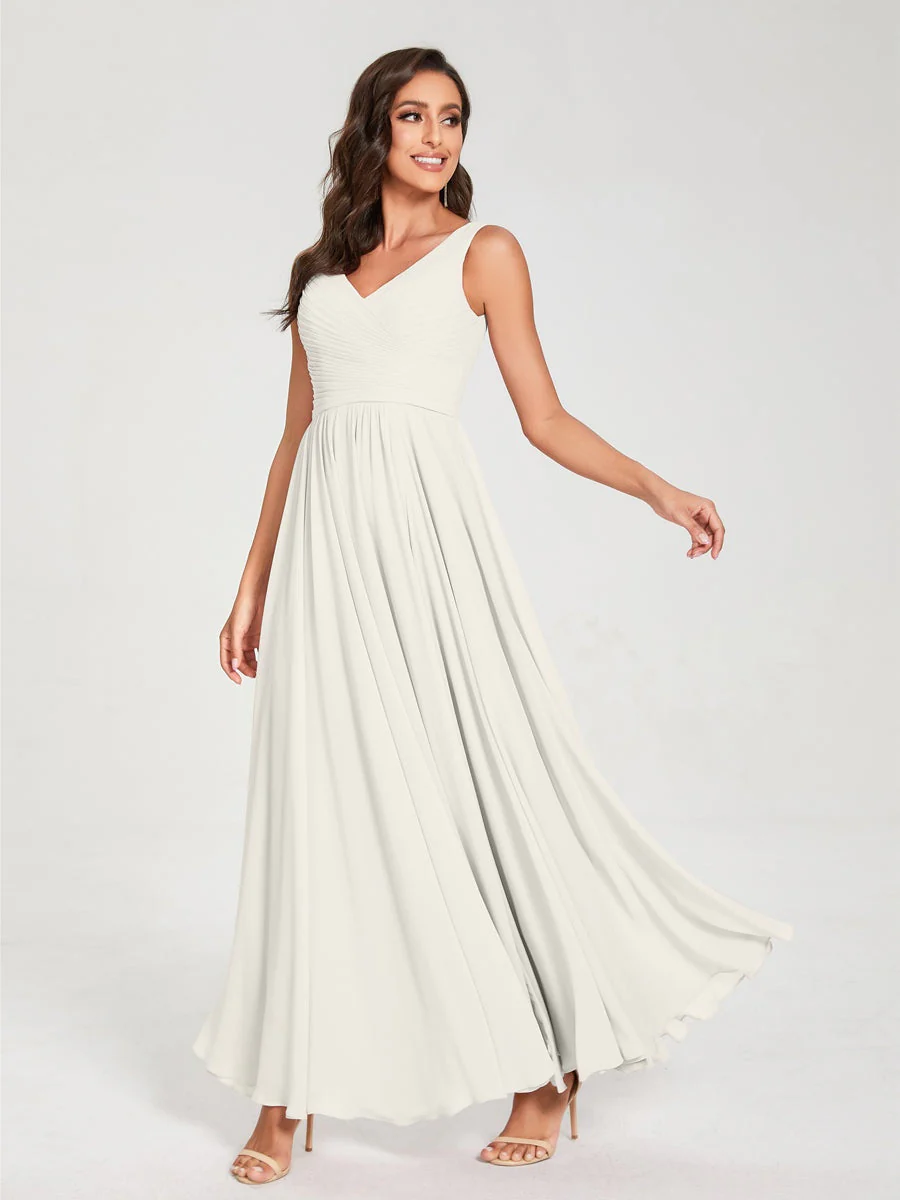 A-Line/Princess Chiffon V-Neck Sleeveless Floor-Length Bridemaid Dresses With Pleats - Image 22