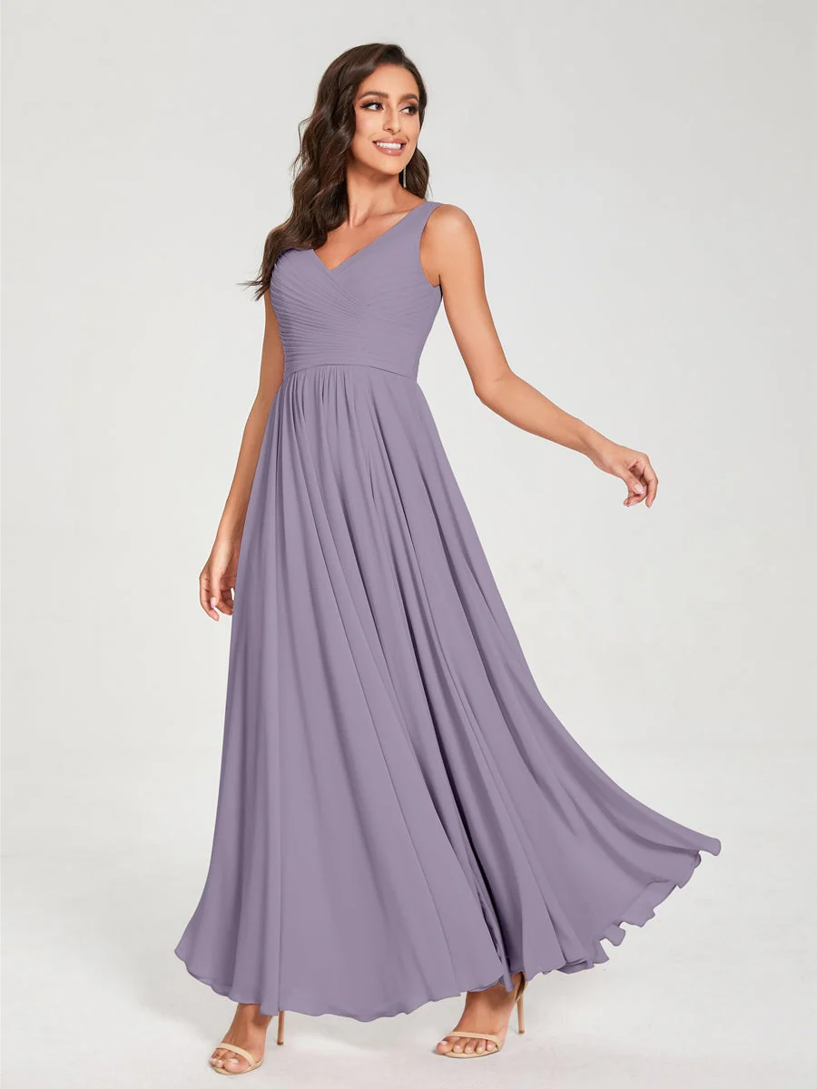 A-Line/Princess Chiffon V-Neck Sleeveless Floor-Length Bridemaid Dresses With Pleats - Image 40